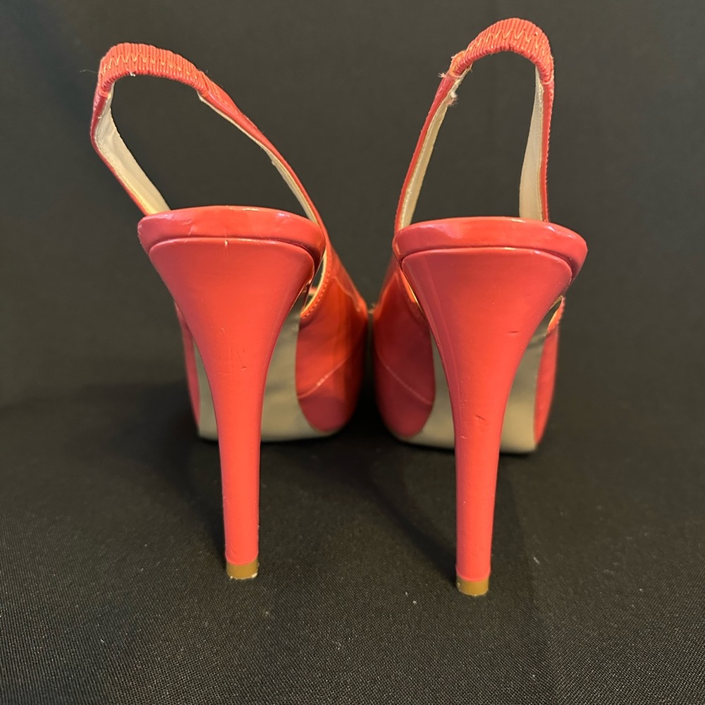 GUESS Coral/Salmon Platform Peep Toe Slingback Heels Sz 6.5 - Picture 5 of 8